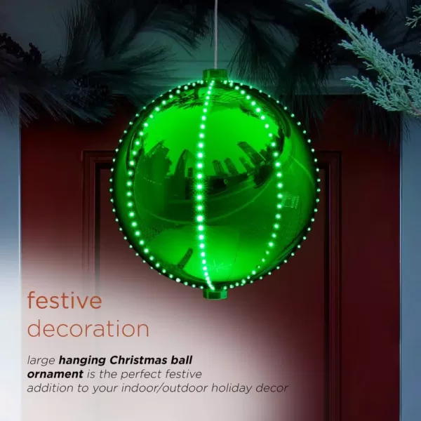Alpine Corporation 13 in. Tall Hanging Christmas Ball Ornament with LED Lights, Green