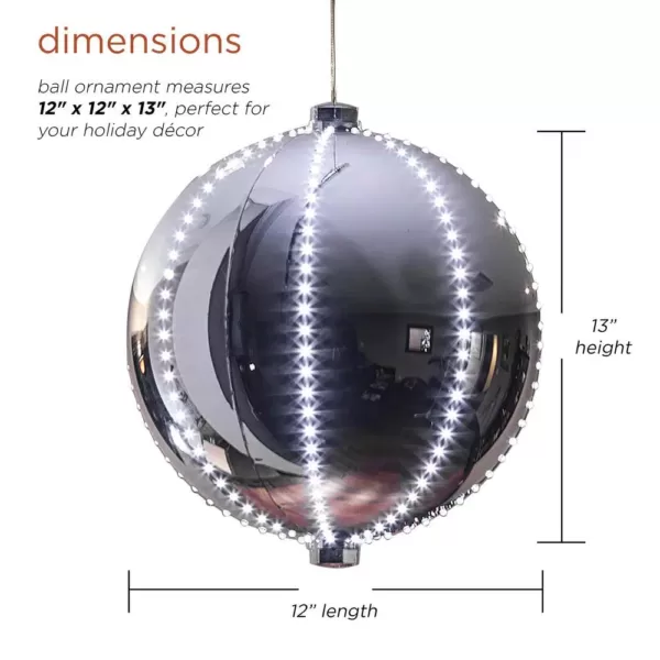 Alpine Corporation 13 in. Tall Large Hanging Christmas Ball Ornament with LED Lights, Silver