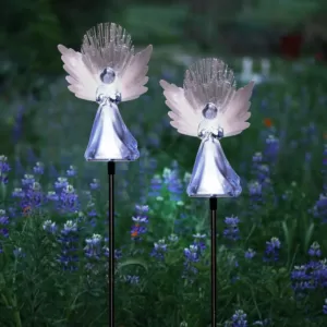 Alpine Corporation 37 in. Tall Solar Angel Garden Stake with Fiber Optic Wings and LED Lights (Set of 2)