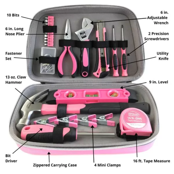 Apollo Household Tool Kit in Designer Case, Pink,(63-Pieces)