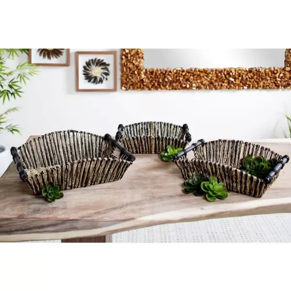 LITTON LANE Rectangular Black and Natural Striped Palm Leaf and Seagrass Basket Trays (Set of 3)