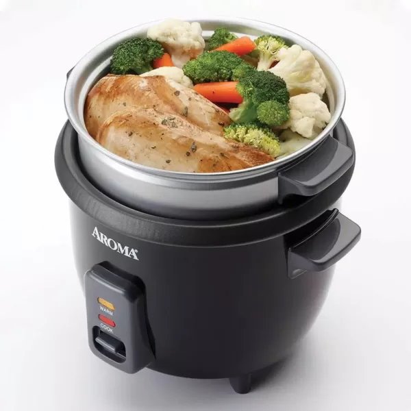 AROMA 6-Cup Black Rice Cooker with Removable Steam Tray
