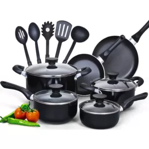 Cook N Home Stay Cool Handle 15-Piece Aluminum Nonstick Cookware Set in Black