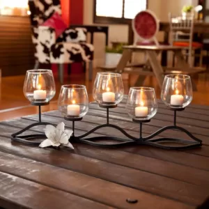 DANYA B Wavy Black Iron Multiple Candle Holder with Glass Hurricane Cups