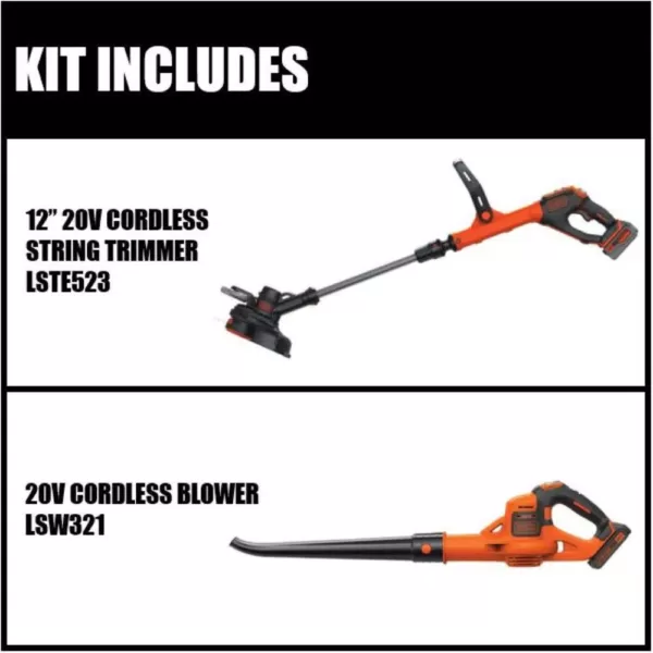 BLACK+DECKER 12 in. 20V MAX Lithium-Ion Cordless String Trimmer with (1) 3.0Ah Battery, (1) 2.0Ah Battery, Charger and Bonus Sweeper