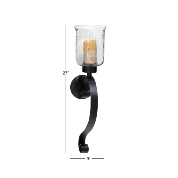 LITTON LANE 27 in. Wrought Iron Candle Sconce with Glass Hurricane Holder