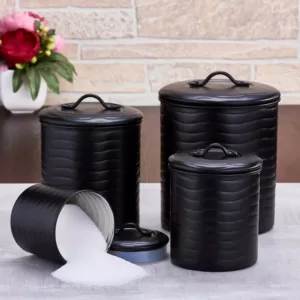Old Dutch 4-Piece Wave in Matte Black Stainless-Steel Canister Set with Fresh Seal Covers