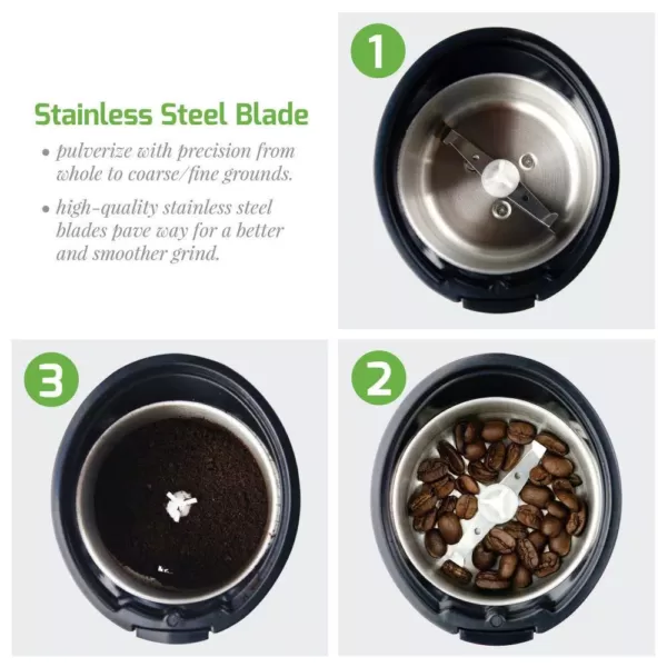 Ovente 2.5 oz. Black One-Touch Electric Coffee Grinder with Transparent Easy Open Lid and Stainless Steel Blades