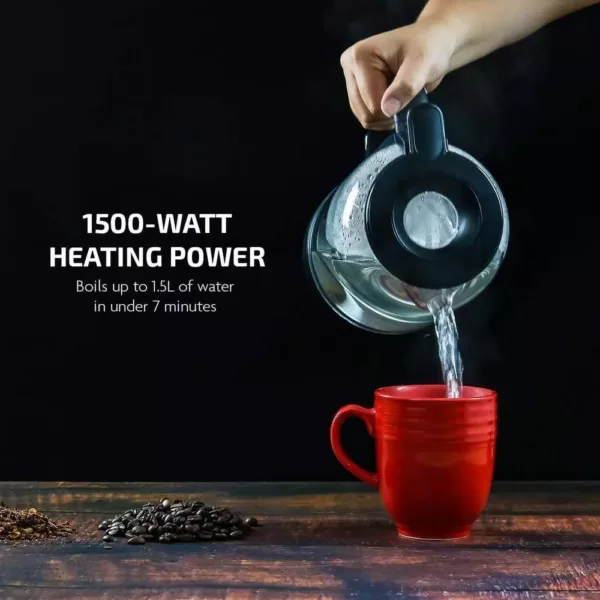 Ovente 6.3-Cup Black Glass Electric Kettle with ProntoFill Technology - Fill Up with the Lid On