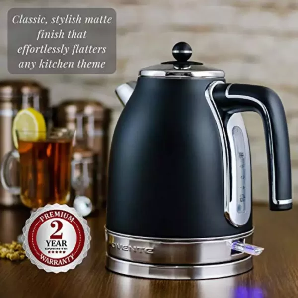 Ovente 7.2-Cup Black Stainless Steel Electric Kettle with Removable Filter, Boil Dry Protection and Auto Shut Off Features