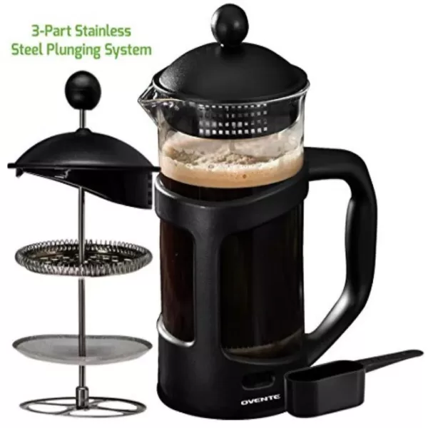 Ovente 4-Cup Black French Press Cafetiere Heat-Resistant Borosilicate Glass Coffee and Tea Maker FREE Measuring Scoop