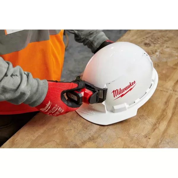 Milwaukee 475 Lumens LED Rechargeable Hard Hat Headlamp with BOLT white type 1 class C front brim vented hard hat
