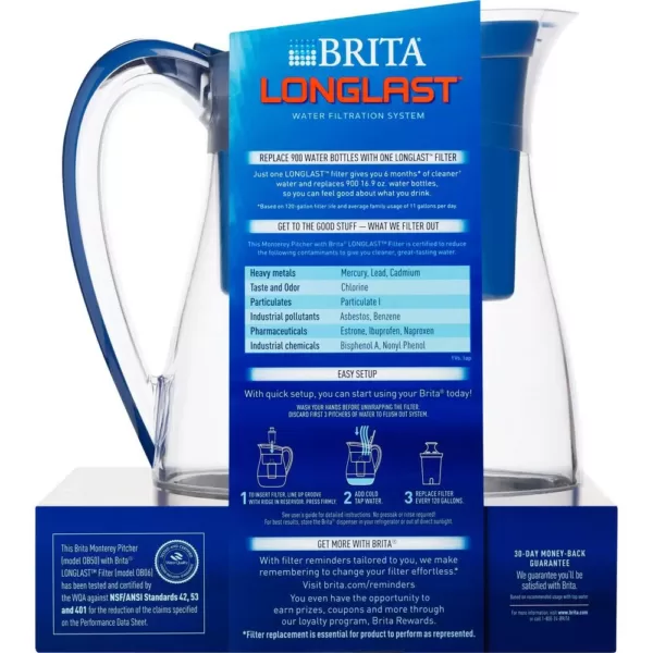 Brita Monterey 10-Cup Water Filter Pitcher in Blue with Longlast Filter, BPA Free