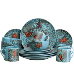 Elama Butterfly Garden 16-Piece Contemporary Blue Stone Dinnerware Set (Service for 4)