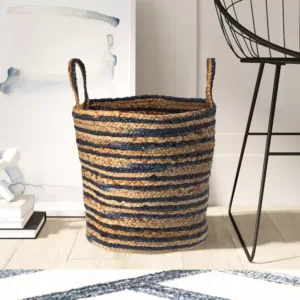 LR Home Wonder Striped Braided Navy Blue Natural Jute Storage Decorative Basket with Handles