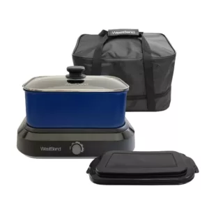 West Bend 5 qt. Blue Non-Stick Versatility Slow Cooker with 5-Temperature Settings Includes Travel Lid and Thermal Tote