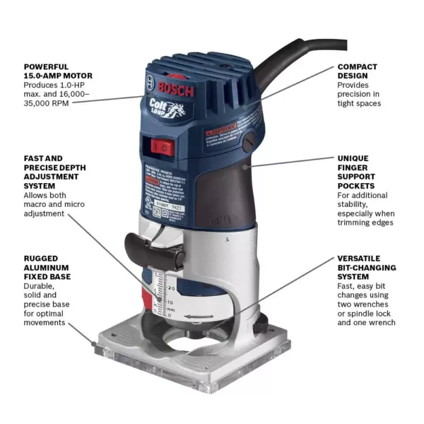 Bosch 5.6 Amp 1.0 HP 120-Volt Variable-Speed Fixed Base Corded Palm Router