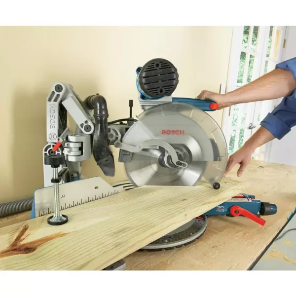 Bosch 15 Amp 12 in. Corded Dual-Bevel Sliding Glide Miter Saw with 60 Tooth Saw Blade and Bonus 32-1/2 in. Portable Stand