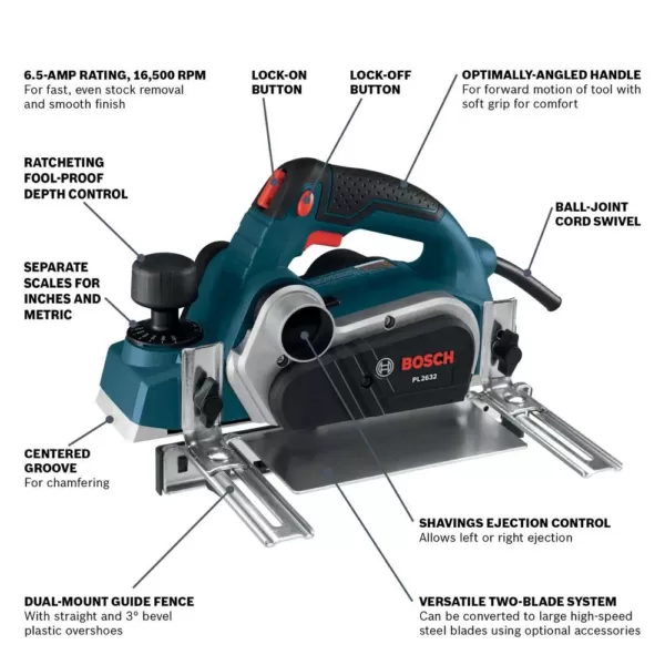Bosch 6.5 Amp 3-/14 in. Corded Planer Kit with 2 Reversible Woodrazor Micrograin Carbide Blades and Carrying Case