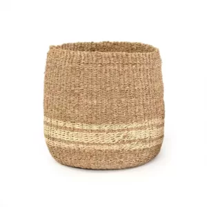 Zentique Concave Hand Woven Wicker Seagrass and Palm Leaf with Light Pin Stripes Large Basket