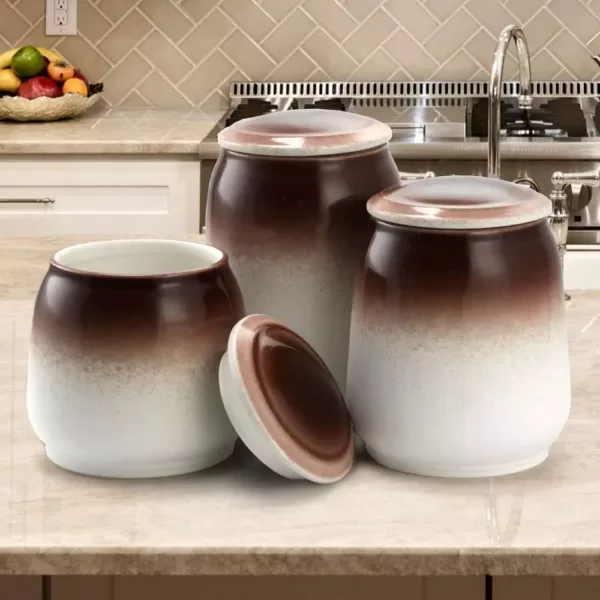 Elama Toasted Coconut 3-Piece Ceramic Canister Set with Ceramic Tops