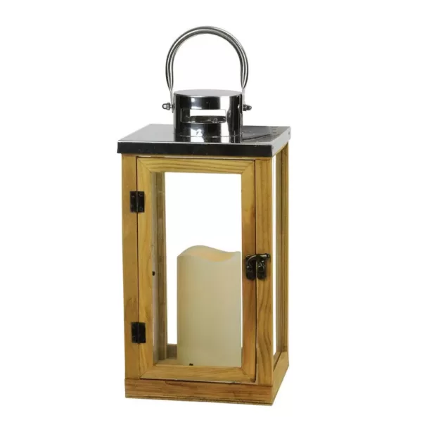 Gerson 13.75 in. Country Rustic Wood and Glass Lantern with LED Flameless Pillar Candle with Timer