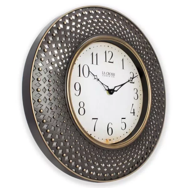 La Crosse Technology 16 in. Antiqued Brown Lattice Round Analog Wall Clock