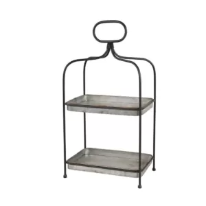 LITTON LANE Large Black and Silver 2-Tier Rectangular Metal 2-Tiered Tray with Handle