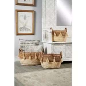 LITTON LANE Oval Silk Wood and Banana Leaf Storage Wicker Baskets with Handles (Set of 3)