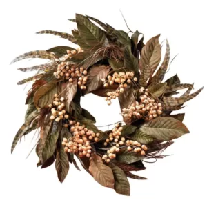 Nearly Natural 24 In. Berry and Feather Wreath