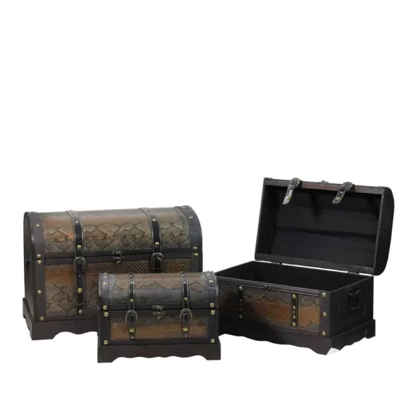 Northlight 22.5 in. Decorative Antique Brown Wood and Faux Snakeskin Storage Boxes (Set of 3)