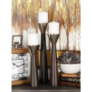 LITTON LANE Polished Dark Brown Wood and Silver Aluminum Conical Candle Holders with Cone-Shaped Bobeche (Set of 3)