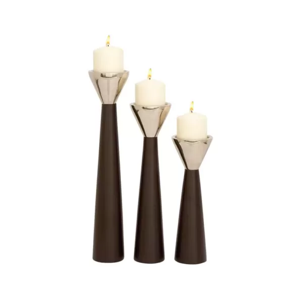 LITTON LANE Polished Dark Brown Wood and Silver Aluminum Conical Candle Holders with Cone-Shaped Bobeche (Set of 3)
