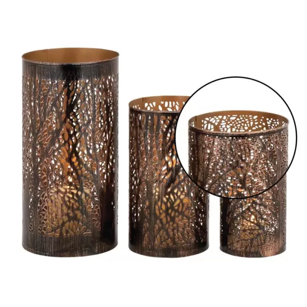 LITTON LANE 12 in. x 6 in. Iron Hurricane Candle Holders in Bronze Brass with Tree Branch Cutouts (Set of 3)