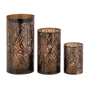 LITTON LANE 12 in. x 6 in. Iron Hurricane Candle Holders in Bronze Brass with Tree Branch Cutouts (Set of 3)