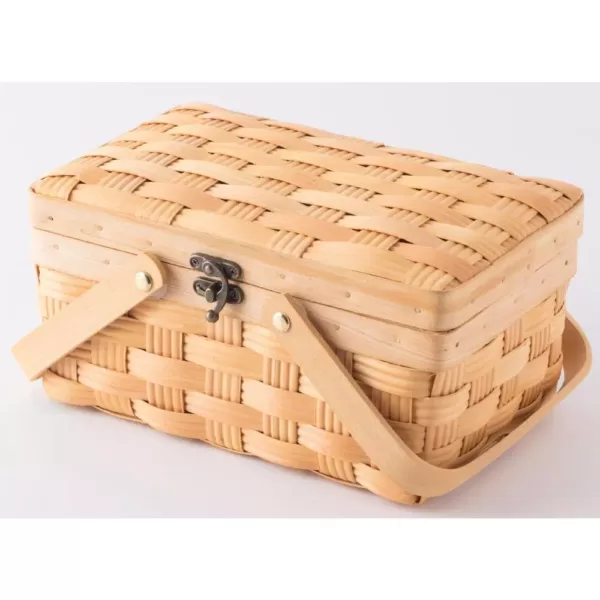 Vintiquewise Small Woodchip Wooden Picnic Basket with Cover and Folding Handles