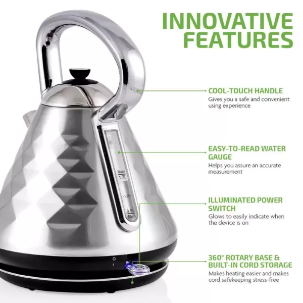 Ovente 7.1-Cup Silver Electric Kettle with Boil-Dry Protection and Auto Shut-Off, Cleo Collection (KS755BR)