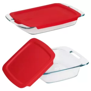 Pyrex Easy Grab 3 qt. and 8 in. x 8 in. 4-Piece Glass Bakeware Set with Red Lids