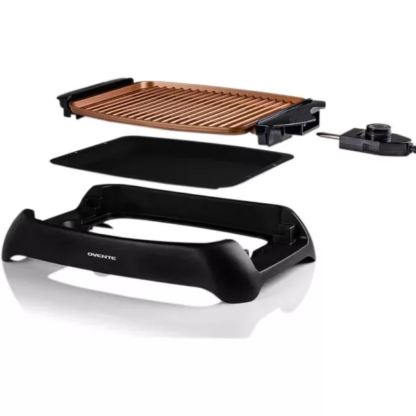 Ovente 1000-Watt Portable Electric Indoor Smokeless Grill with Non-Stick Aluminum Grilling Plate and Oil Drip Pan, Copper