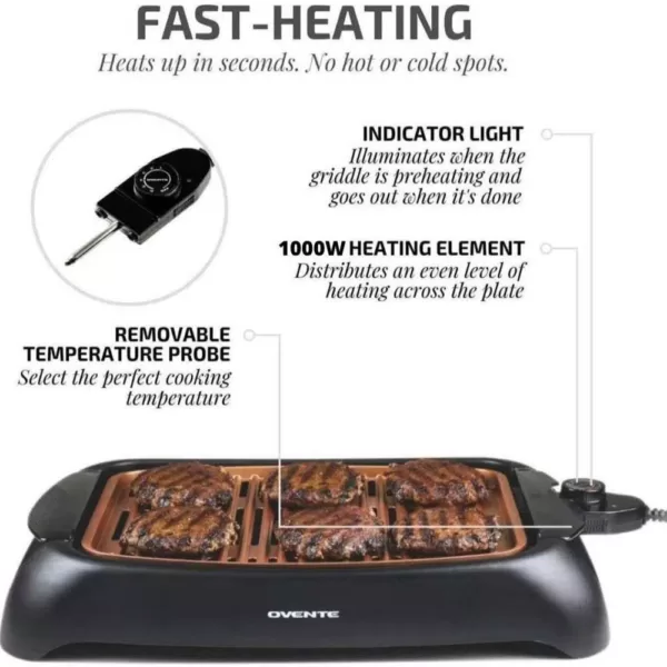 Ovente 1000-Watt Portable Electric Indoor Smokeless Grill with Non-Stick Aluminum Grilling Plate and Oil Drip Pan, Copper