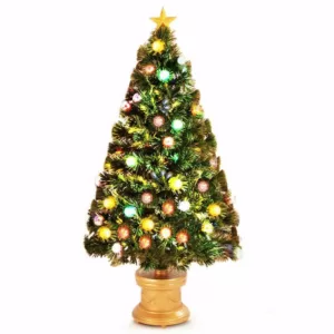 Costway 4 ft. Pre-Lit Christmas Tree Fiber Optical Firework with Ornaments and Gold Top Star