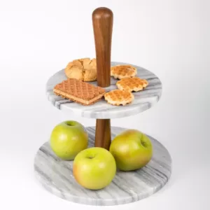 Creative Home 2-Tier Natural Marble and Acacia Wood Cake Dessert Stand, Fruit Plate, Pastry Server, Off-White