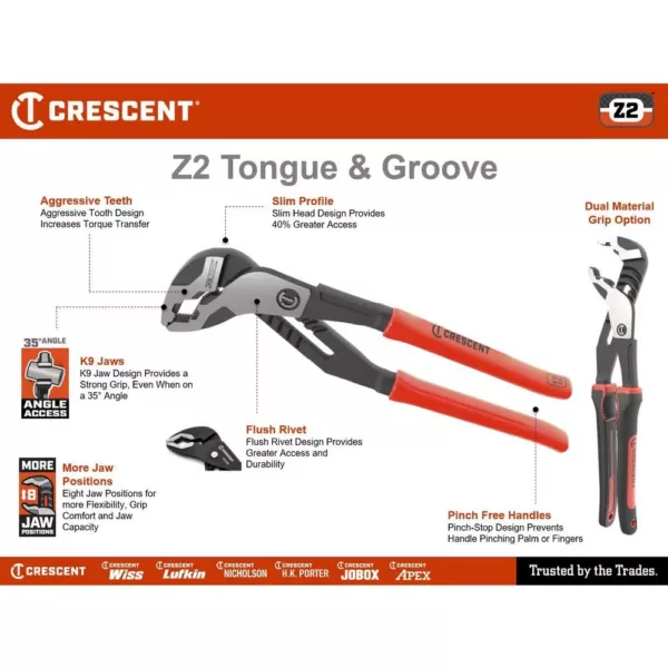 Crescent 12 in. Z2 K9 V-Jaw Dual Material Tongue and Groove Pliers