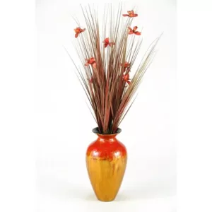 D&W Silks Indoor Brown Ting with Burgundy Blossoms in Burnt Copper Spun Bamboo Vase
