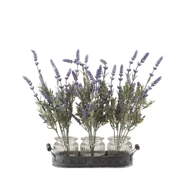D&W Silks Indoor Lavender Branches in Glass Jars Set On Oval Metal Tray
