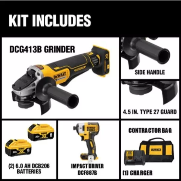 DEWALT 20-Volt MAX XR Cordless Brushless 4-1/2 in. Small Angle Grinder, (2) 20-Volt 6.0Ah Batteries & 1/4 in. Impact Driver
