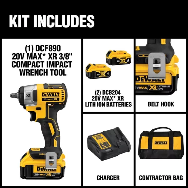 DEWALT 20-Volt MAX XR Cordless Brushless 3/8 in. Compact Impact Wrench, (2) 20-Volt 4.0Ah Batteries & 3/8 in. Impact Socket Set