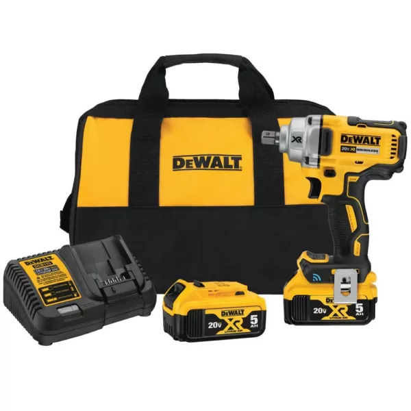 DEWALT 20-Volt MAX XR Cordless Brushless 1/2 in. Mid-Range Impact Wrench Detent Pin, Tool Connect & (2) 20-Volt 5.0Ah Batteries