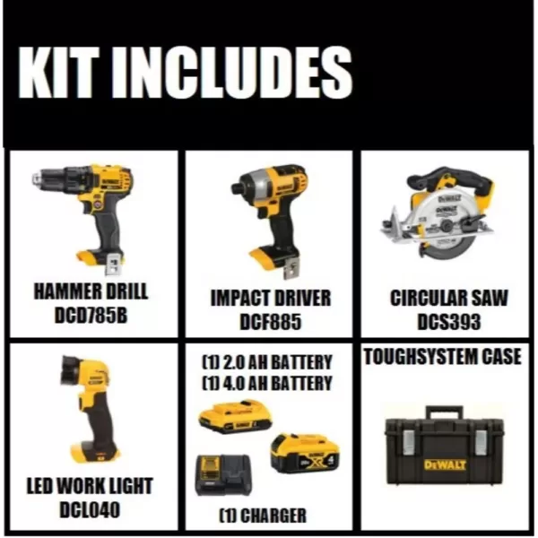 DEWALT 20-Volt MAX Lithium-Ion Cordless Combo Kit (4-Tool), 2Ah Battery, 4Ah Battery, Charger, with Tough System Case
