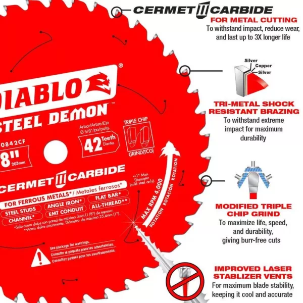 DIABLO 8 in. x 42-Tooth Steel Demon Cermet II Carbide Blade for Ferrous Metals & Stainless Steel
